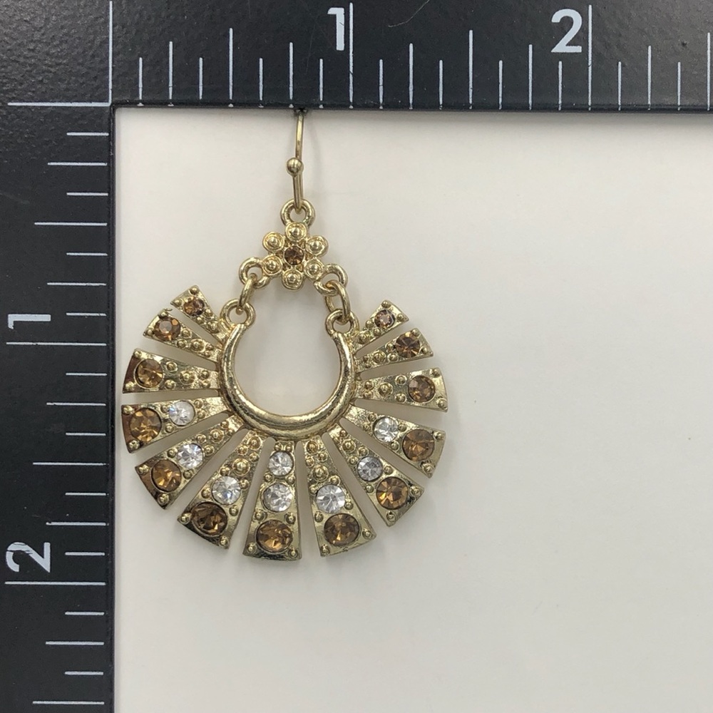🌼 Rhinestone Gold Fancy Scoop Dangle Earrings - Picture 2 of 2